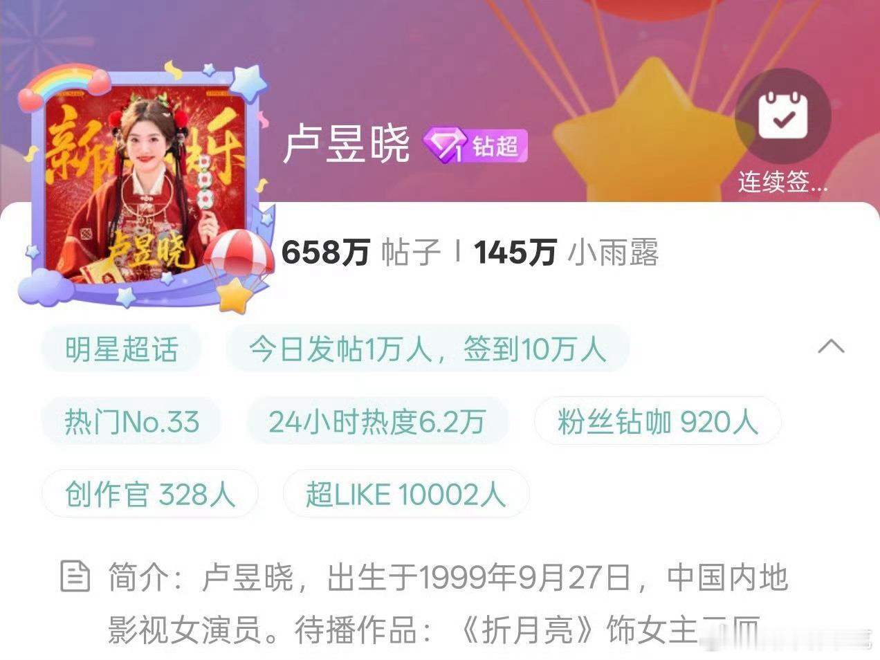 🎉卢昱晓超like破万，95🌸超like TOP3卢昱晓早就达成了，一直在9