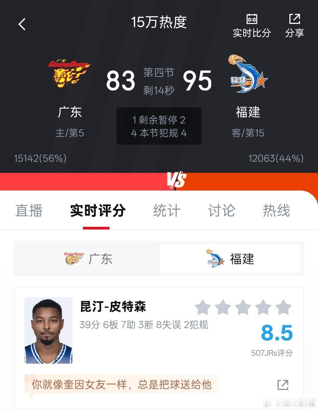 皮特森狂砍39分，福建男篮在客场战胜广东东阳光，福建队仍有机会进季后赛。PS: 