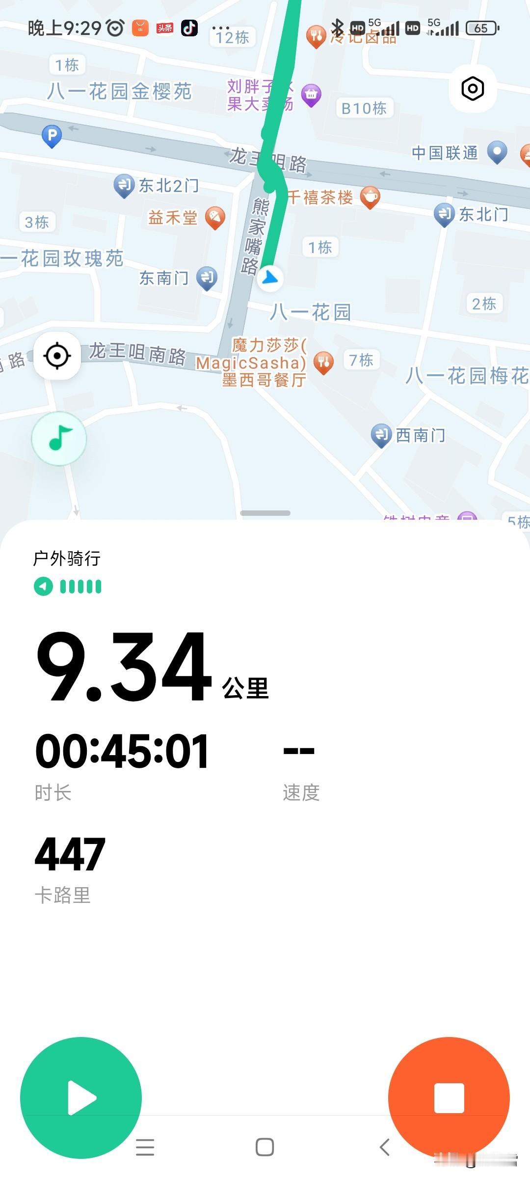 骑行第十二天，
9.34千米！45分钟！！
消耗447卡！！
坚持住！
我一定可