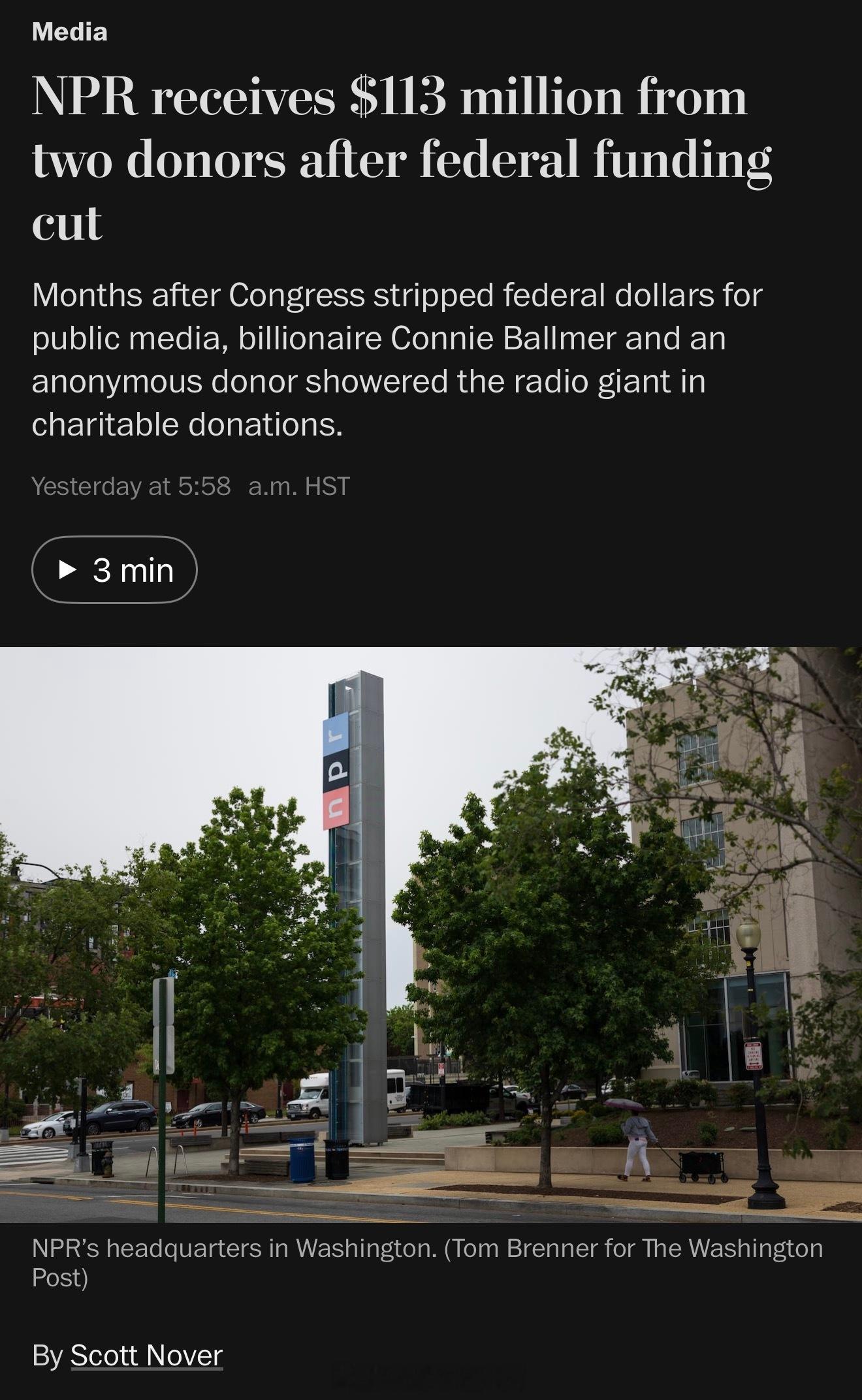 美国国家公共电台（NPR）周四宣布，获得了一笔总额达1.13亿美元的捐赠。曾担任