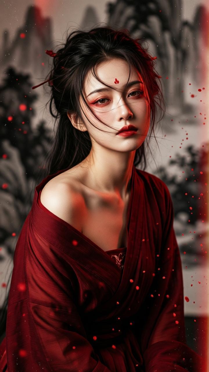 红衣女子，飘逸发丝，古风韵味，唯美意境