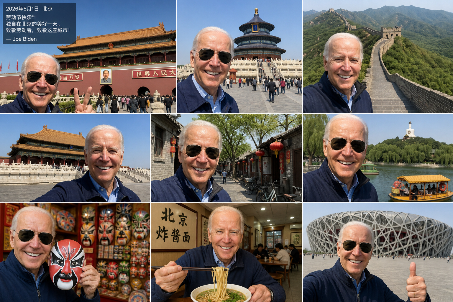 提示词：2026 年五一劳动节 Joe Biden 独自在北京旅游后发出的自拍图