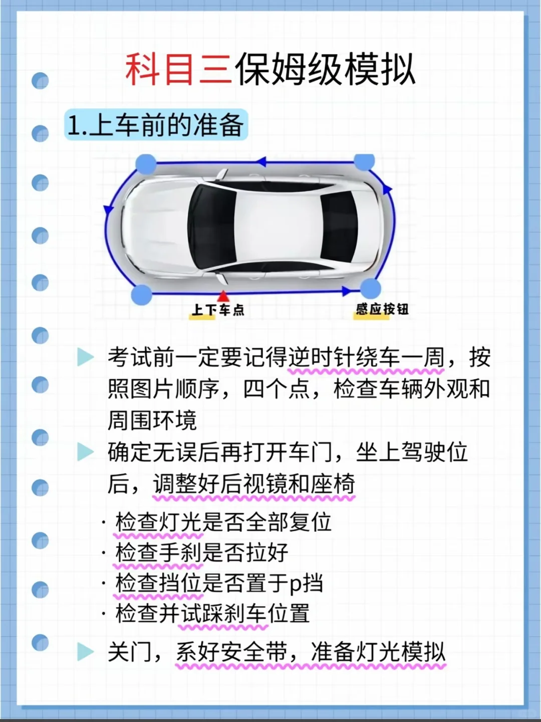 科目三保姆级模拟 1.上车前的准备 感应按钮 上下车点 • 考试前一定...