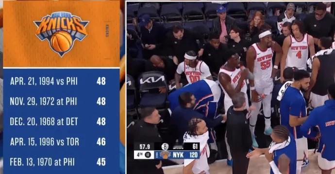 尼克斯120-66篮网，净胜54分，打破队史赢球记录。

在刚刚结束的一场NBA