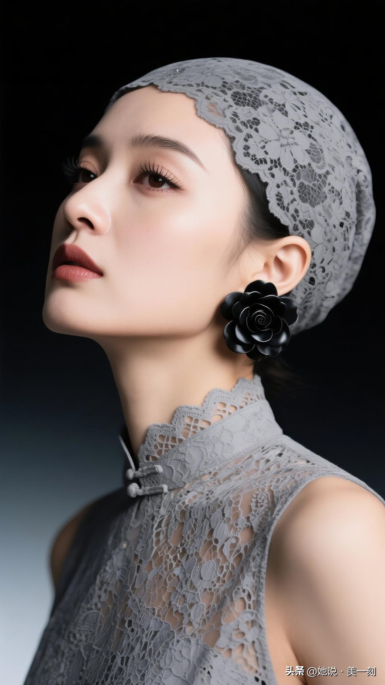 优雅复古的蕾丝头巾，搭配精致的黑玫瑰耳环，尽显高贵气质。优雅自信穿搭分享