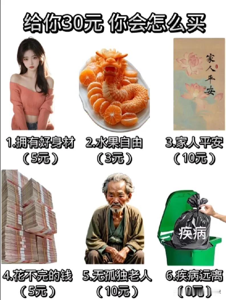 给你30元，你会怎么买？
我选1345.
即：有好身材，
家人平安，
有花不完的