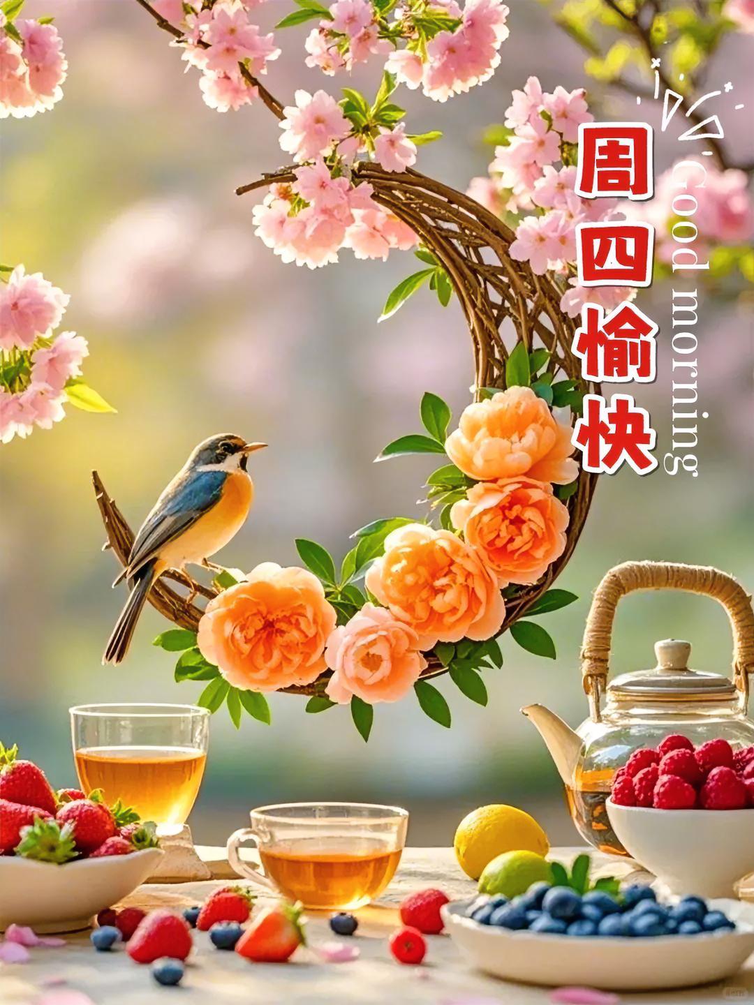 夏日茶歇时光，小鸟与鲜花共舞，酸甜莓果配好茶，周四也要元气满满呀！
分享一张清晨