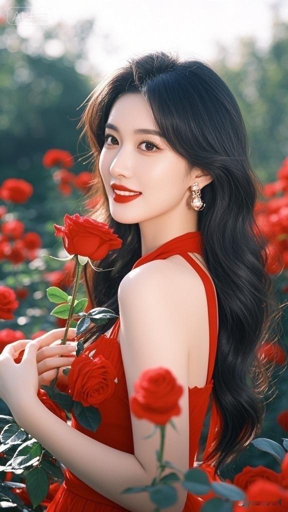 红玫瑰与黑发女郎的浪漫邂逅🌹💋