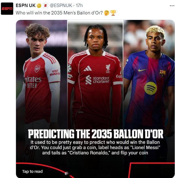 ESPN做出大胆预测，10年之后的2035年，阿森纳中场道曼、利物浦前锋恩古莫哈