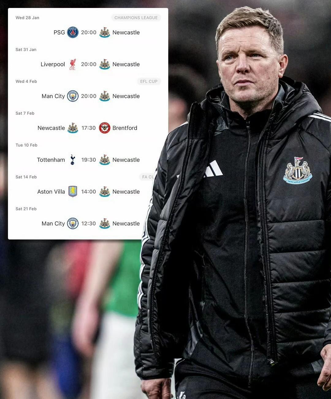 纽卡斯尔联创造了一组奇特的数字：截止到英超第24轮，纽卡斯尔联进33球，失33球