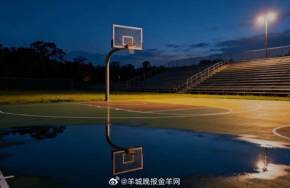  夜幕下的球场泛着柔和灯光，篮球架静立，地面倒影拉得很长，晚风带着青草香掠过看台