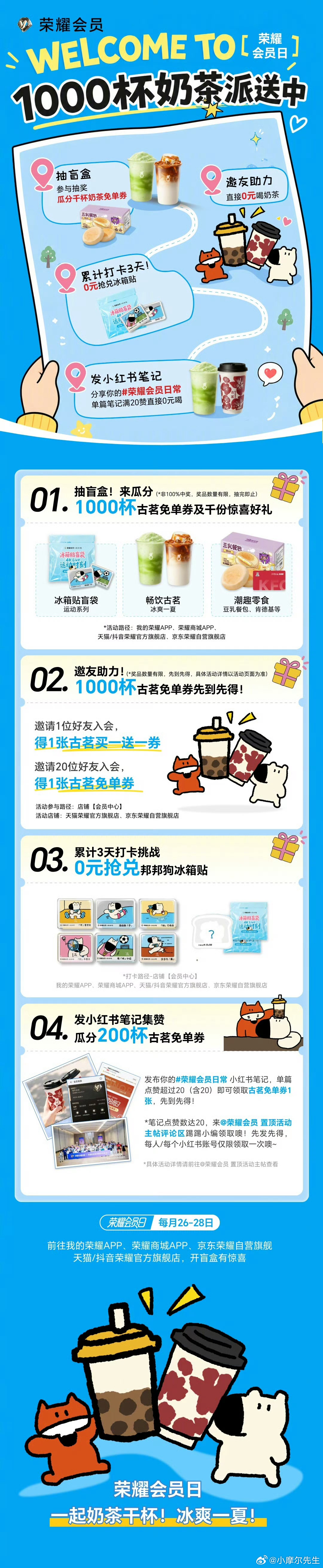 荣耀这波会员日直接把夏日福利拉到满格🧊整整1000杯古茗爆款饮品免单券直接撒出