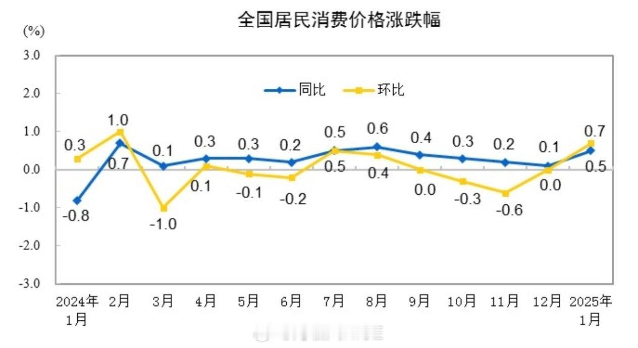 国家统计局：2025年1月份，全国居民消费价格同比上涨0.5%。其中，城市上涨0