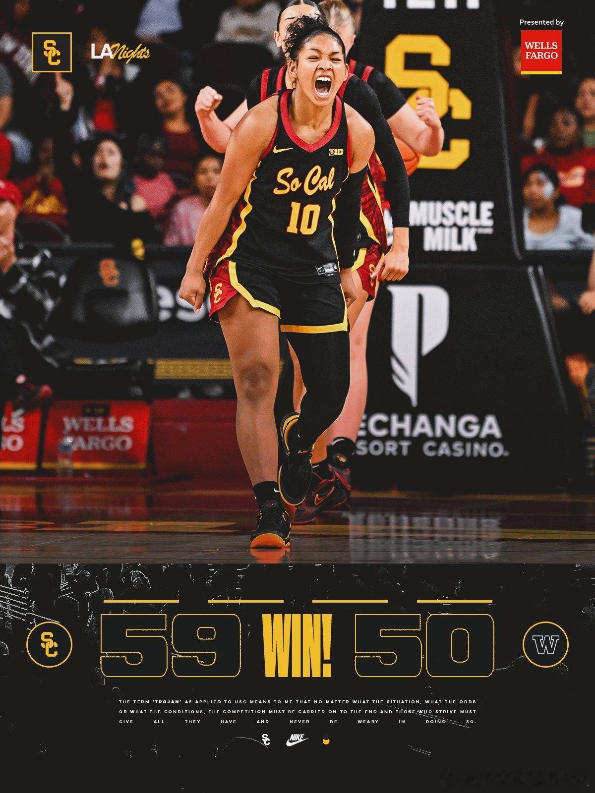 在今天结束的NCAA女篮比赛中，USC主场以59-50击败老对手AP第21的华盛