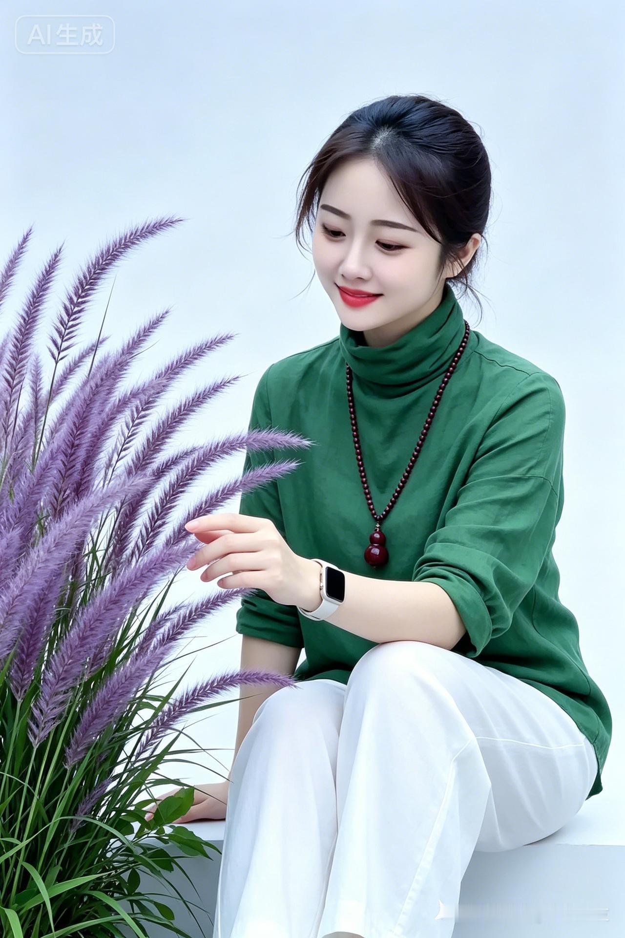 一位面容清丽、气质温婉的年轻亚洲女性，留着图片中头型，妆容清透淡雅。她正安静地坐