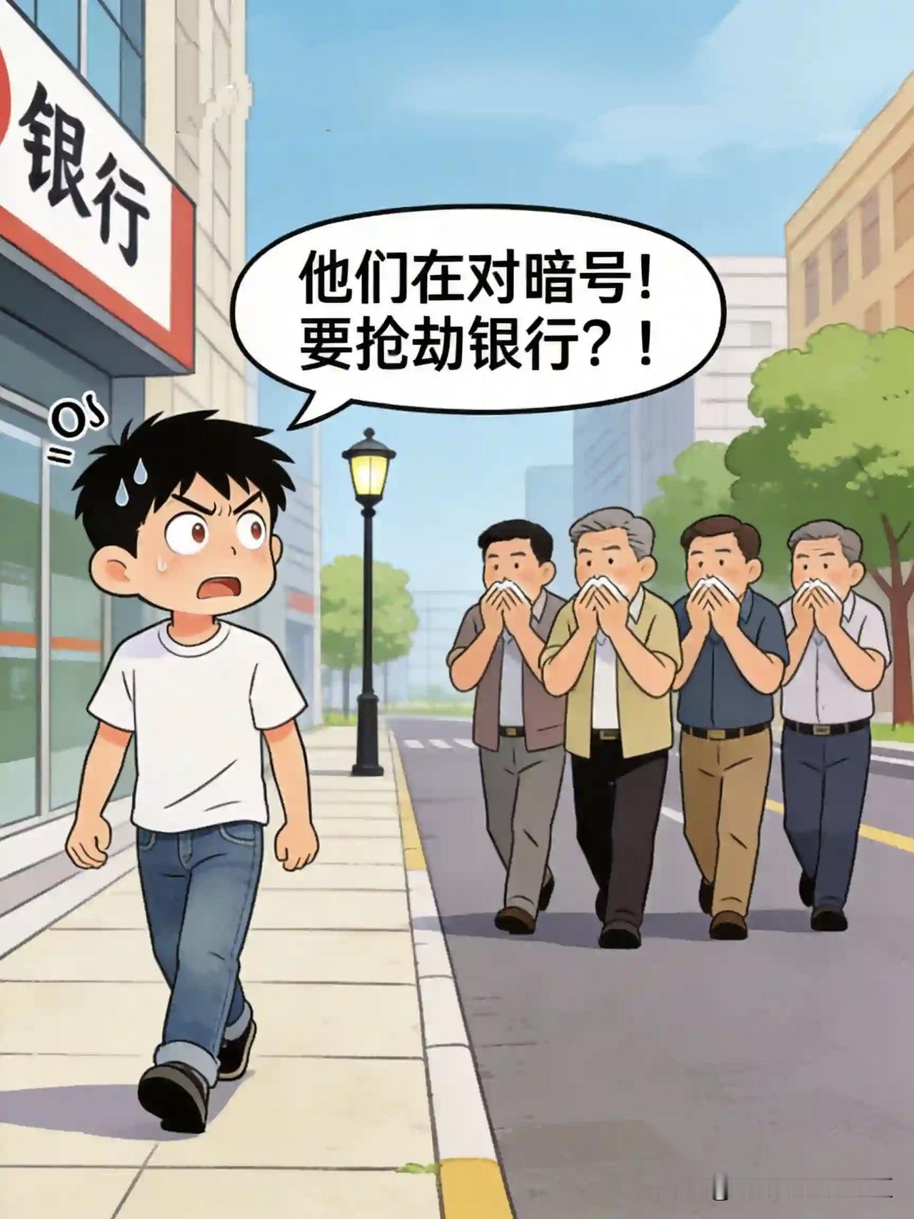 路过银行，对面四五位大哥像约好了似的，突然集体咳嗽，那场面，跟电影里抢劫暗号似的