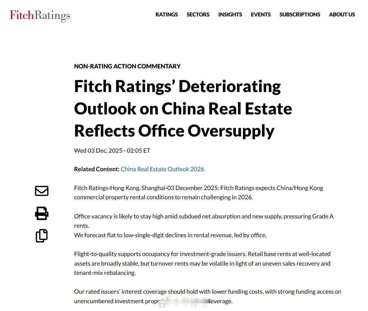 惠誉下调中国大陆与香港房地产市场展望。由于办公楼空置率可能居高不下，甲级写字楼租