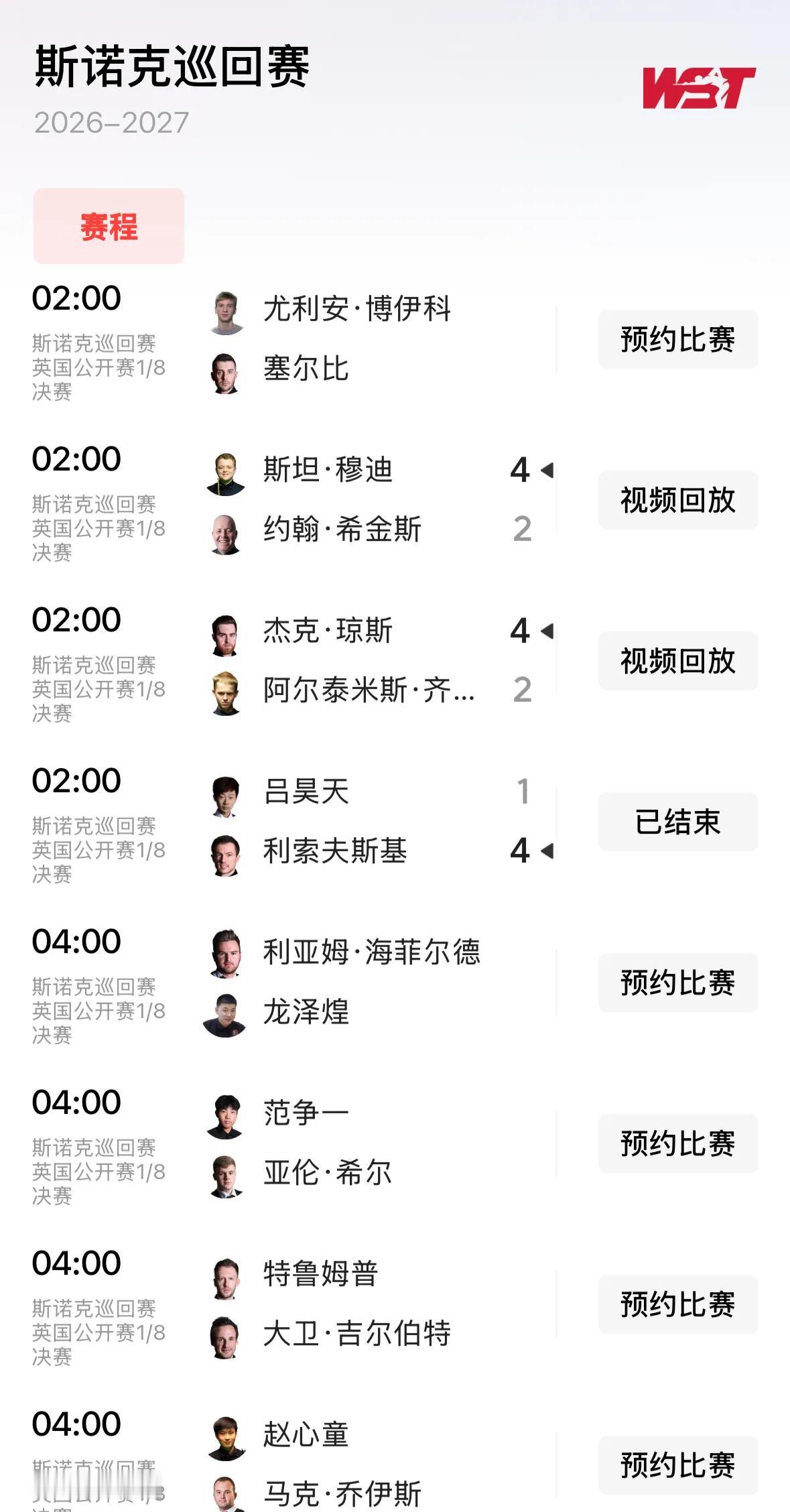 ❎中国吕昊天1-4不敌英国杰克·利索夫斯基；
✅英国德比战，斯坦·穆迪4-2战胜
