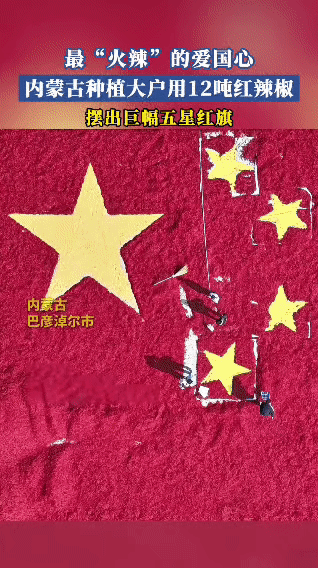 在内蒙古巴彦淖尔市，辣椒种植大户丁玉强，用12吨红辣椒摆出了巨幅五星红旗。从画面