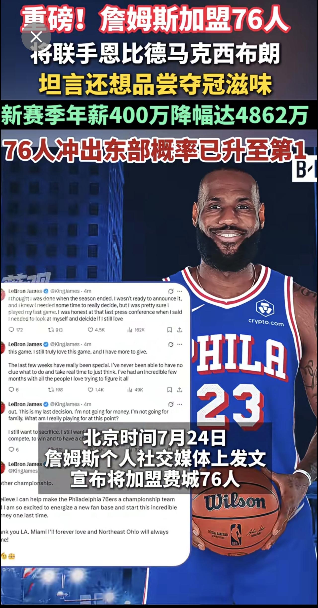 重磅！詹姆斯加盟76人！将联手恩比德马克西布朗，詹姆斯坦言还想品尝夺冠滋味。新赛