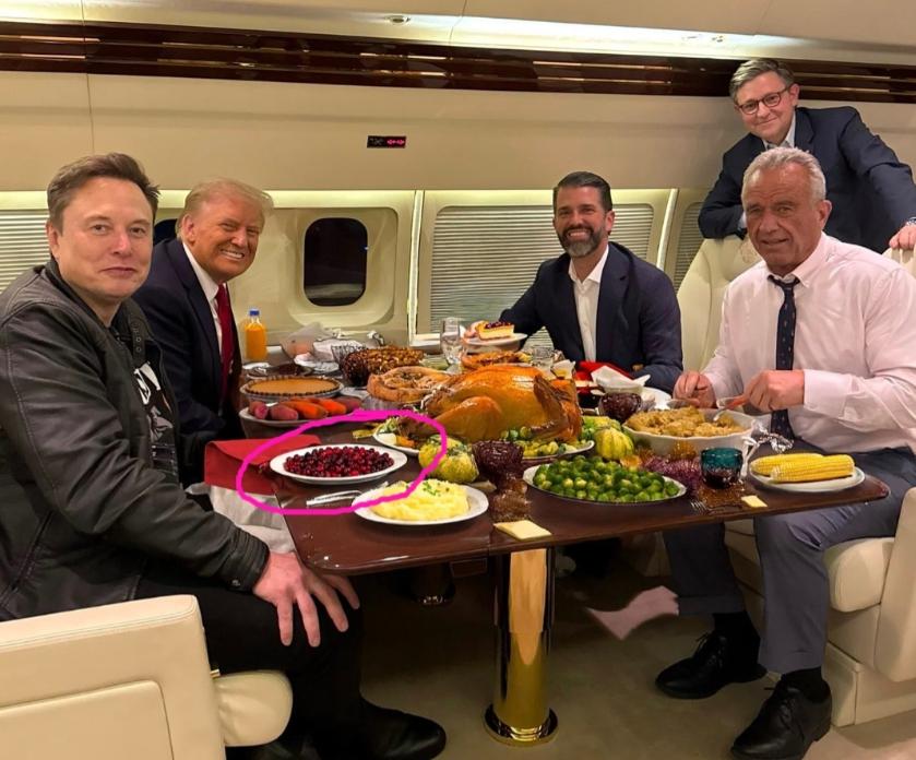小肯尼迪晒感恩节照，马斯克和特朗普并排而坐，桌子上的食物让人看了很有食欲！11月