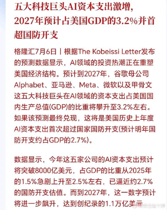 今年科技行情只是预热，真正大涨的阶段还在后头。仅美国五家科技巨头，明年AI投入就
