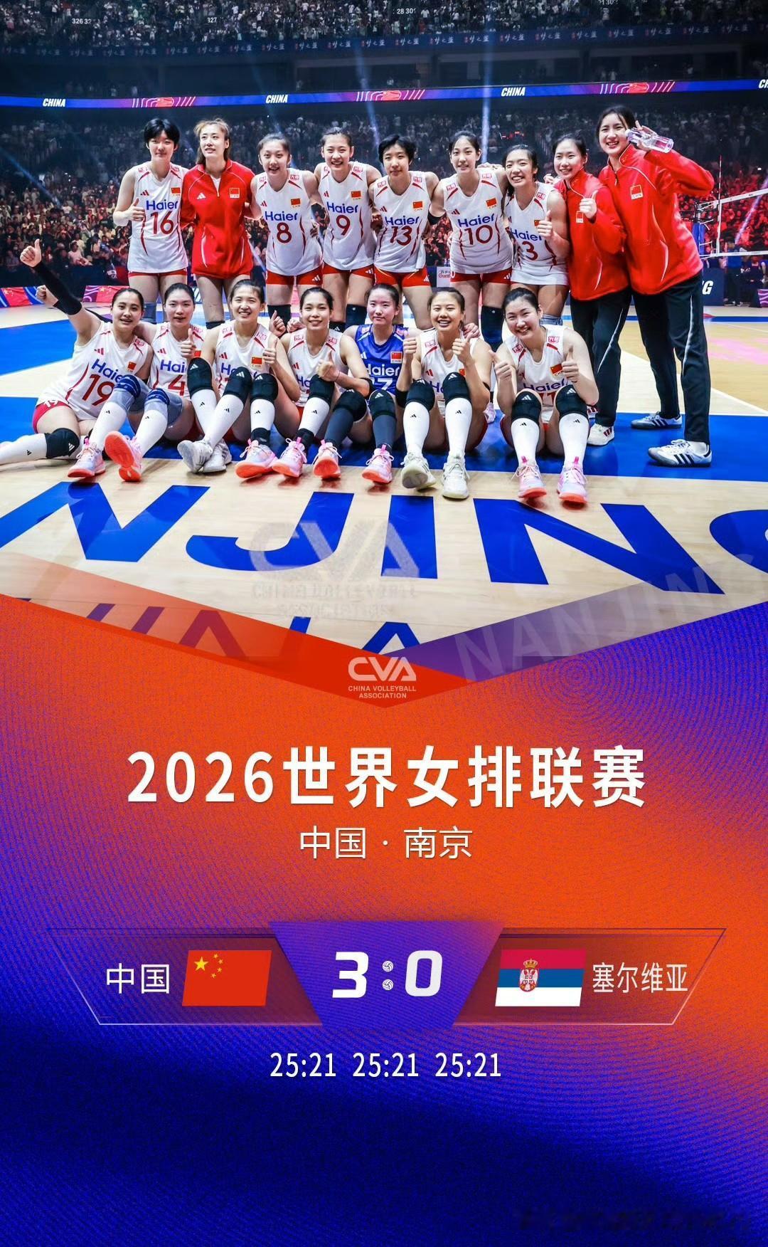 [燃烧的心]世联赛：中国女排3-0战胜塞尔维亚，局分：25-21，25-21，2