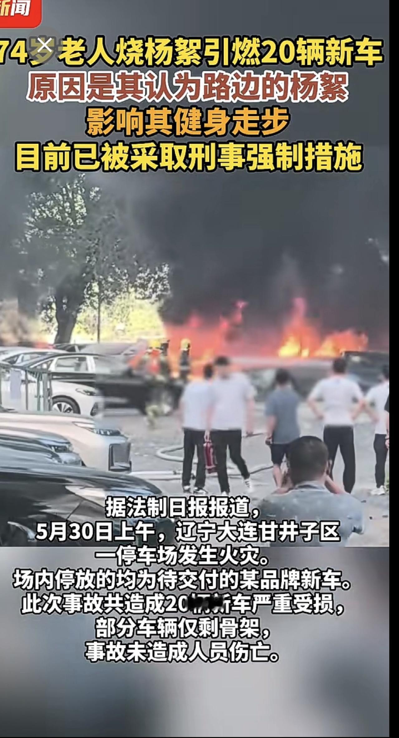 74岁老人烧杨絮引燃20辆新车，原因是其认为路边的杨絮影响其健身走步，目前已被采