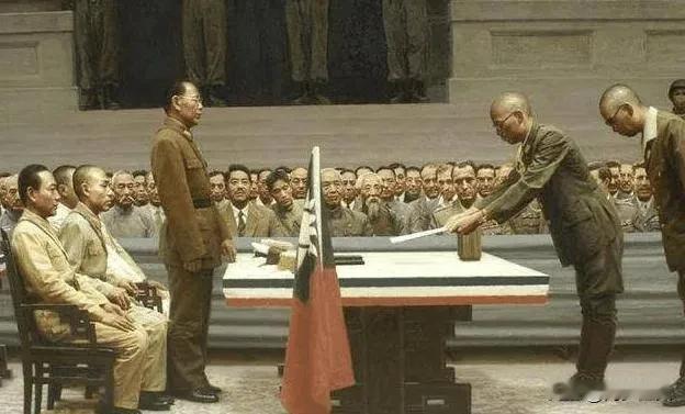 1945年9月9日，在何应钦主持的受降仪式上，曾出现非常怪诞滑稽的一幕。
交涉受