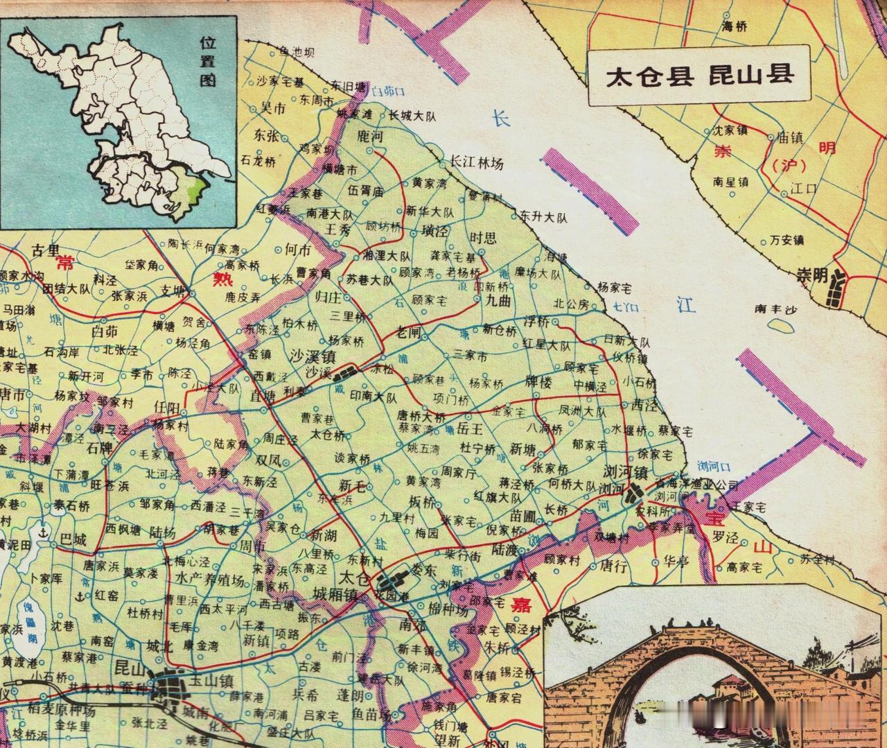 1984年江苏省苏州市太仓县地图。太仓县城为城厢镇，紧挨着昆山边界。重要乡镇有浏