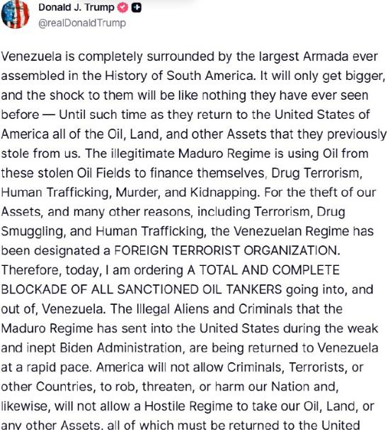 阿川宣布彻底封锁委内瑞拉海上油路。

“委内瑞拉被南美洲历史上最大的无敌舰队完全