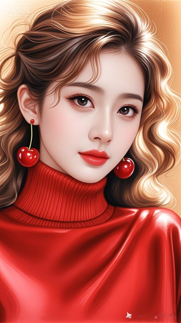 甜美红唇少女，樱桃耳环，优雅红衣，梦幻少女心💕