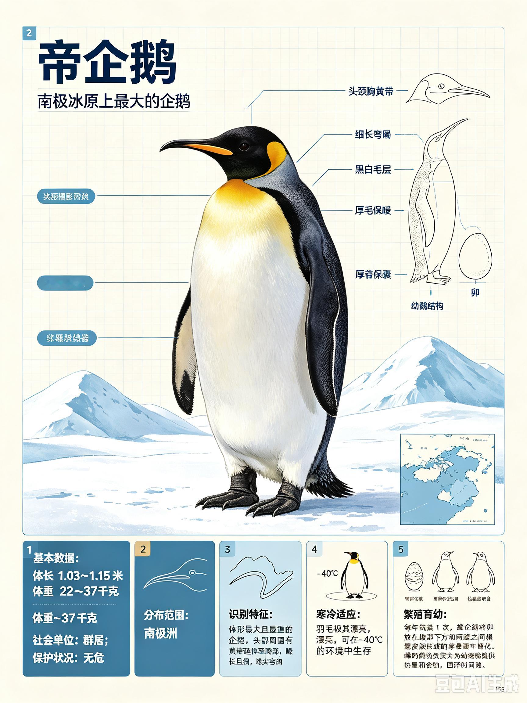 鸟类朋友图鉴 帝企鹅体长：1.03~1.15 米体重：22~37 千克社会单位：