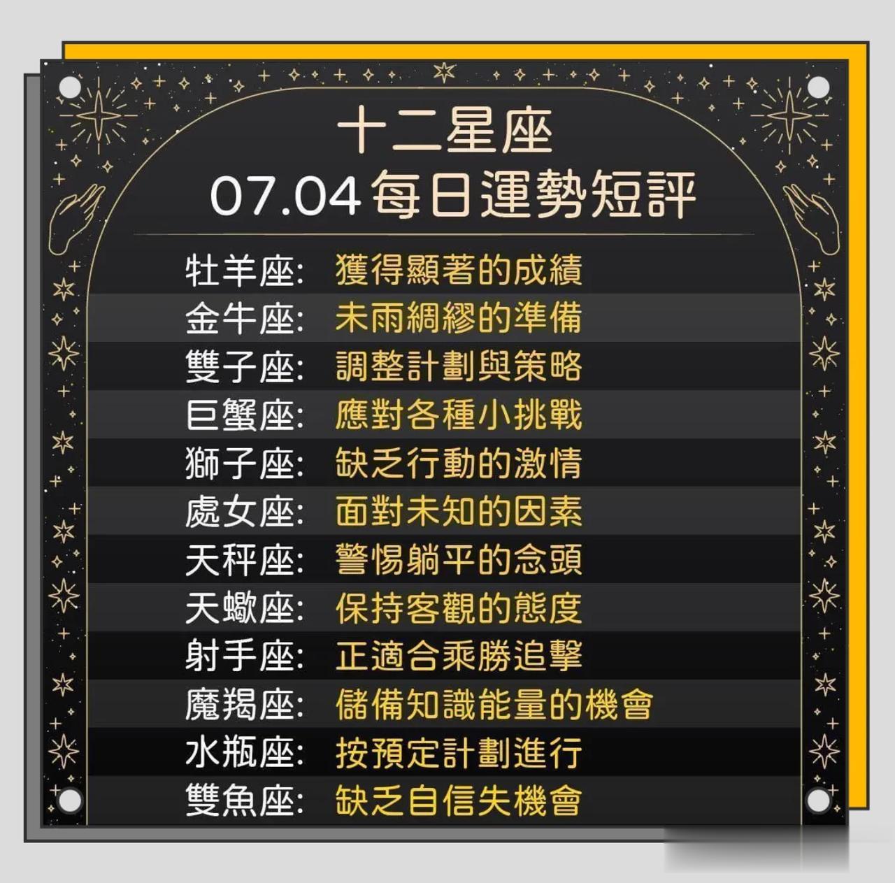 十二星座运势每日小短评
07/04运势到咯🈵️💯🥰🔥
白羊座♈️获得显著
