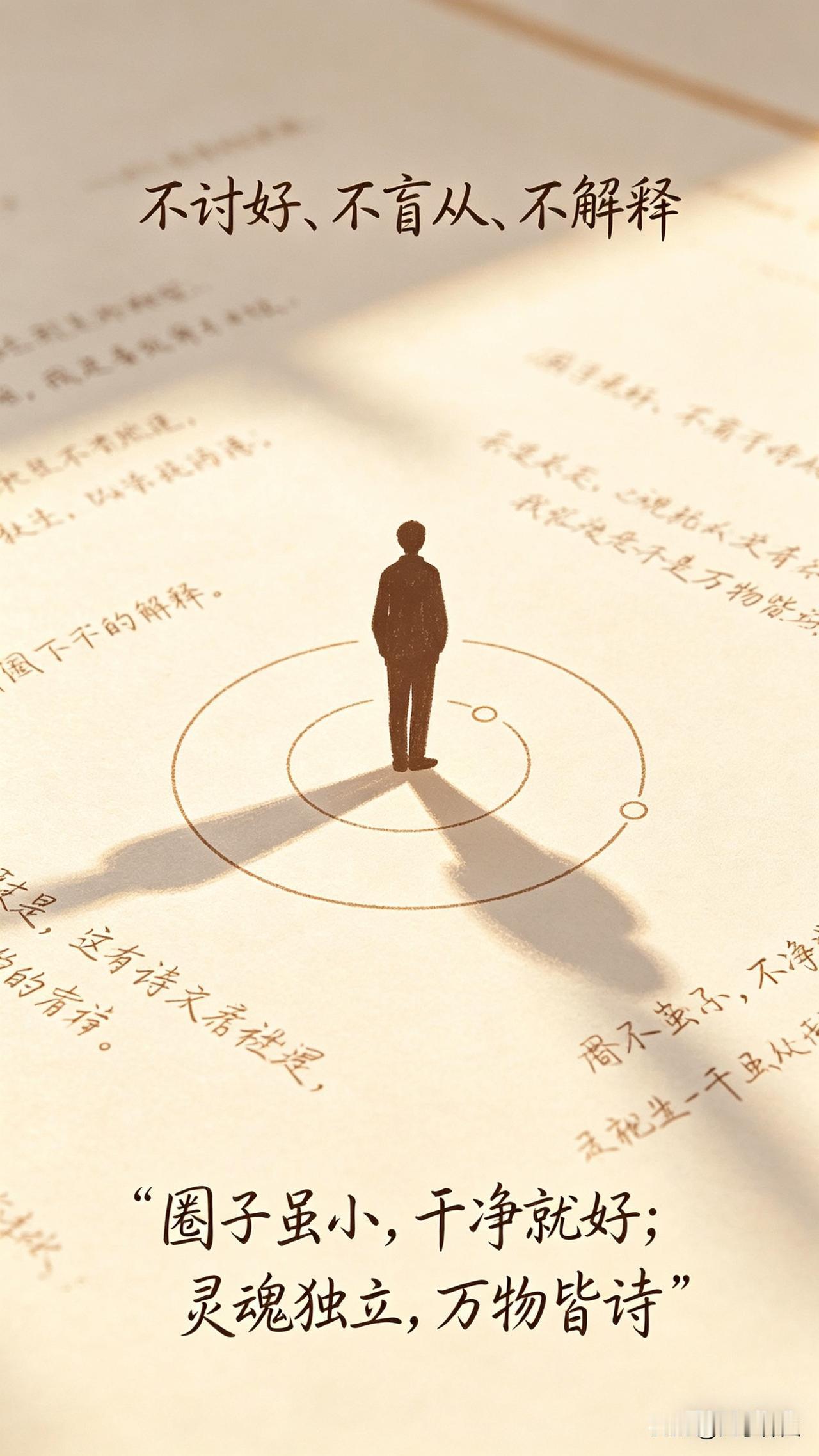不讨好、不盲从、不解释。圈子虽小，干净就好；灵魂独立，万物皆诗。