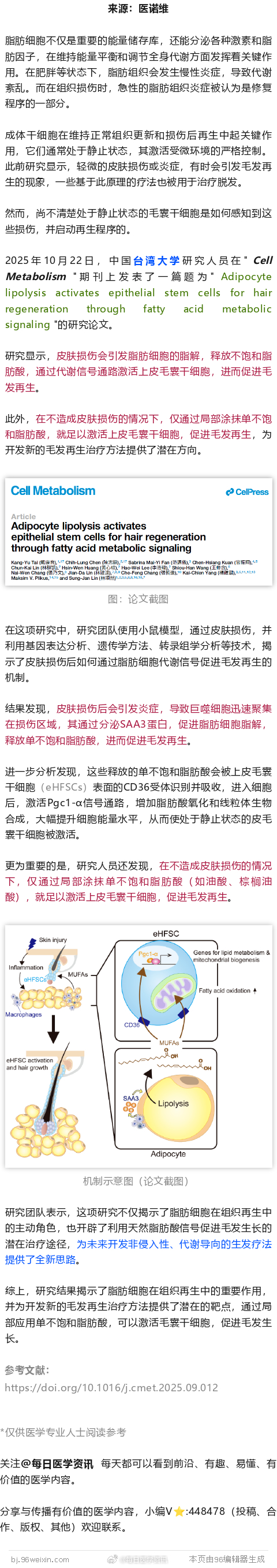不饱和脂肪竟是天然生发剂？Cell子刊：局部涂抹即可激活毛囊干细胞，促进毛发生长