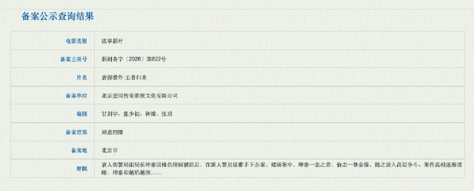 唐探新电影立项 据国家电影局关于2026年5月下全国电影剧本（梗概）备案、立项公