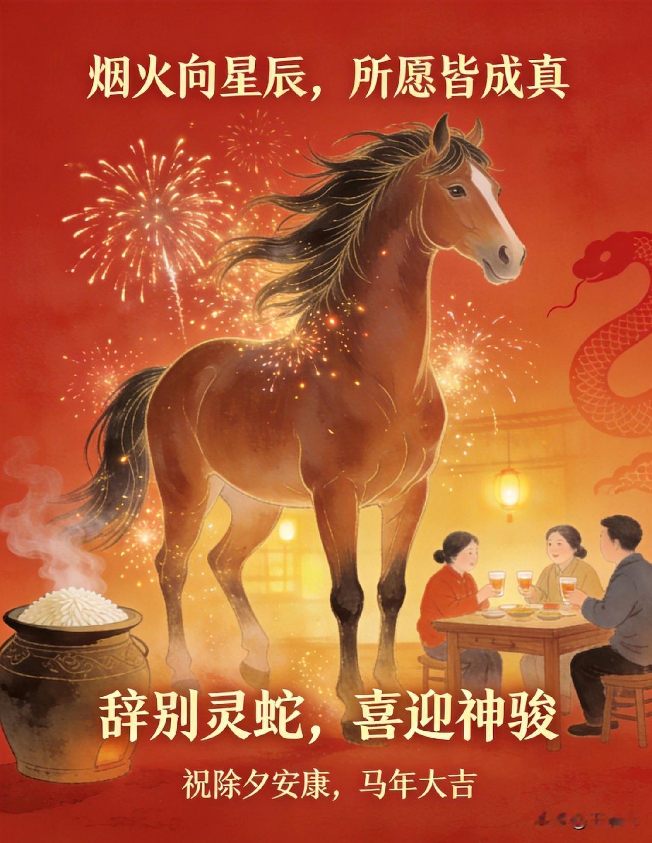 烟火向星辰，所愿皆成真。今夜阖家闲话，举杯共敬此年。
辞别灵蛇，喜迎神骏。愿丙午