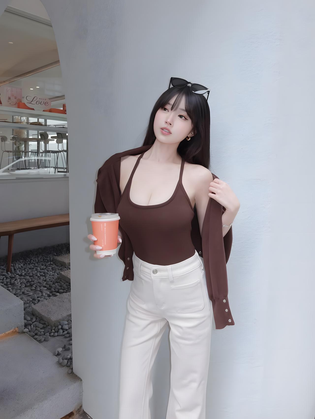美女|咖色吊带 窈窕玲珑
柔润五官笑容清甜，吊带衬出优越曲线，阔腿长裤拉长双腿线
