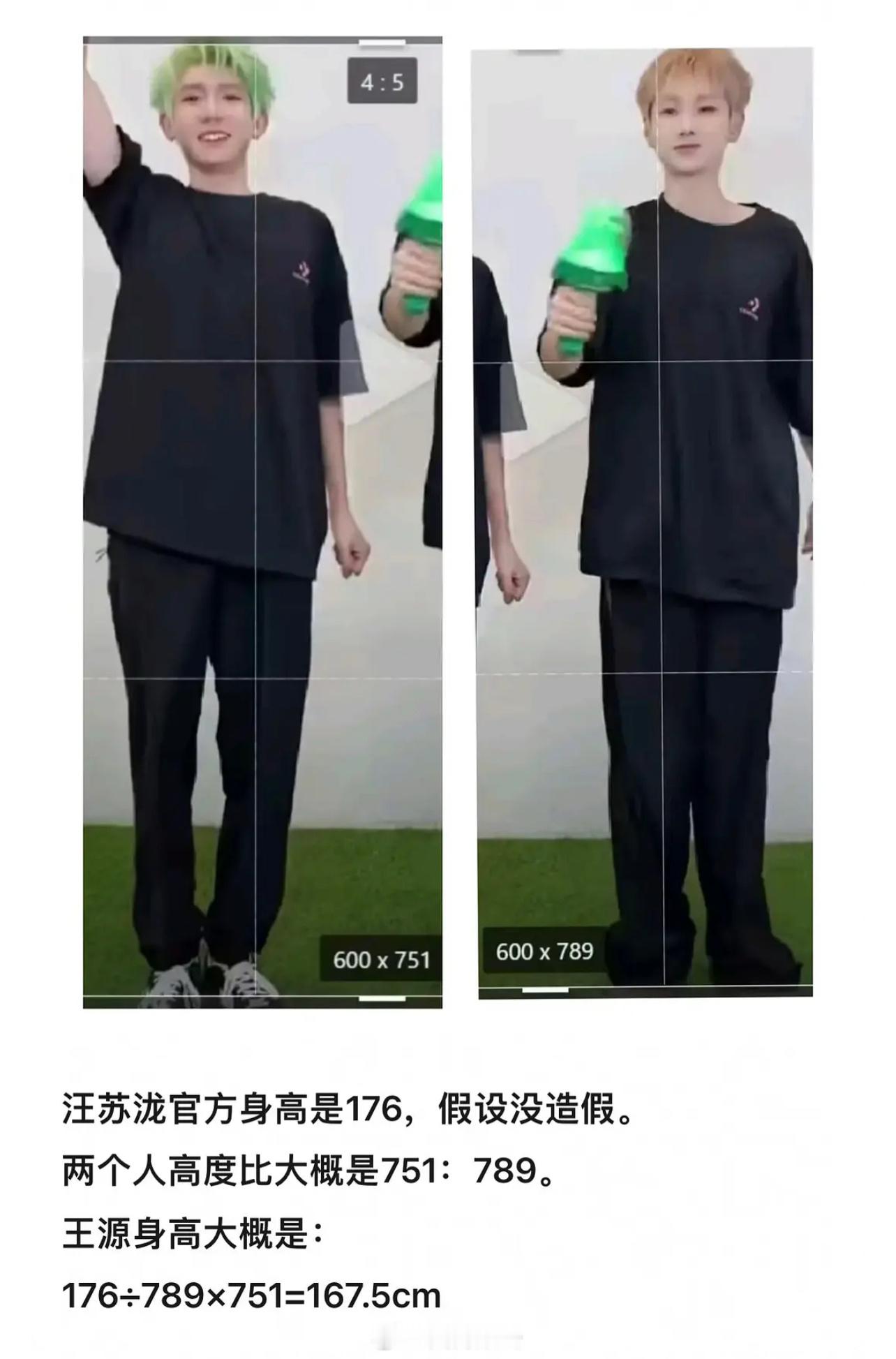 网友根据汪苏泷官方身高 176，判断王源真实身高部分网友还表示汪苏泷的身高 17