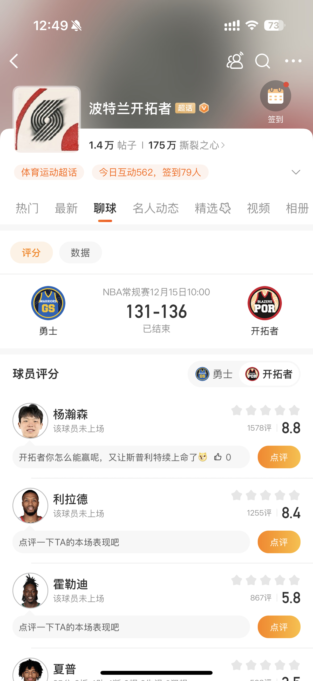 开拓者勇士杀手  开拓者136-131战胜勇士！勇士数据：斯蒂芬-库里48分3篮