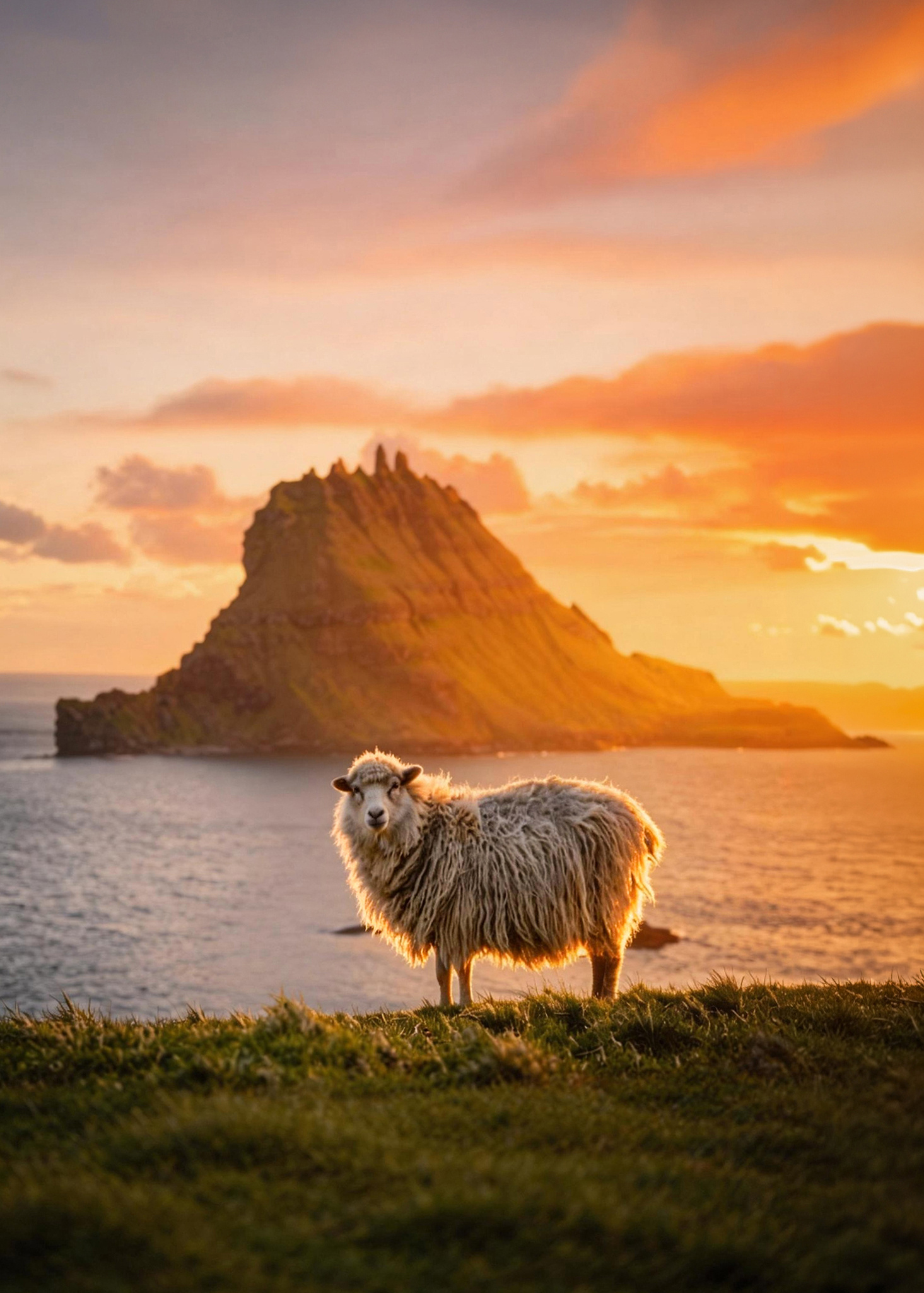 法罗群岛的日落，是一种不动声色的美。一只羊，一片海，一座孤峰，已经足够。 