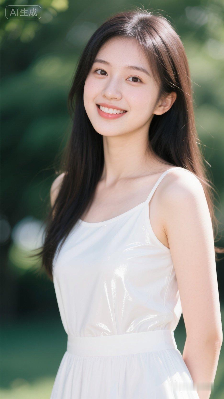 甜美笑容的少女，白色连衣裙，自然清新。