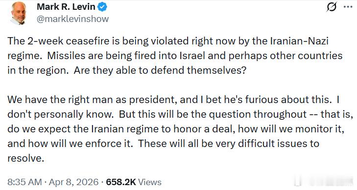 马克·莱文：两周停火协议现在正被伊朗政权违反。导弹正被发射到以色列，或许还有该地