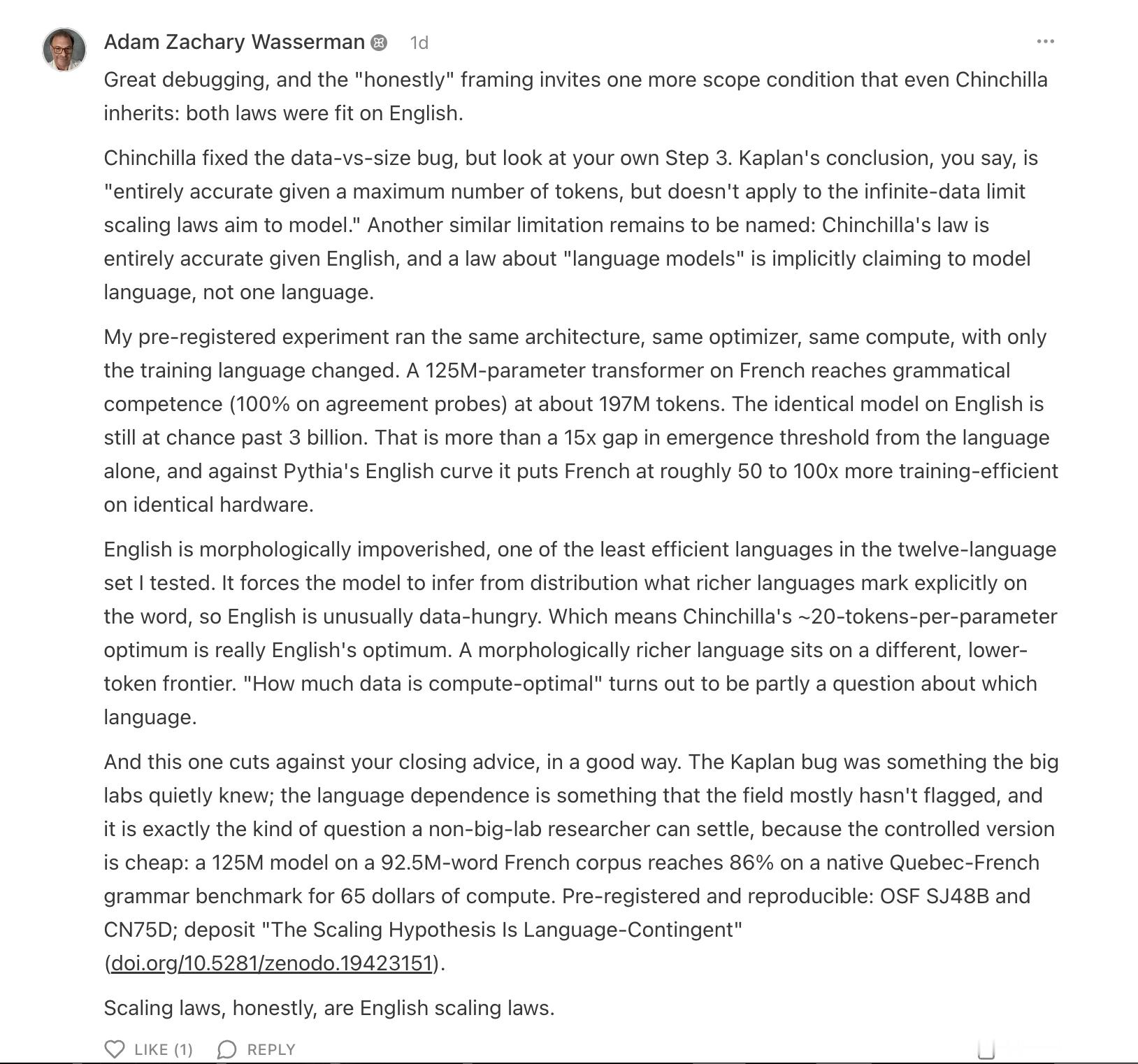 而 GPT 发布后有一堆人跳出来说中文如何如何落后，高质量数据怎么这么少，导致什