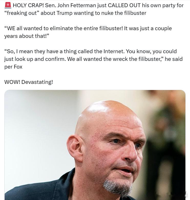 参议员约翰·费特曼抨击了自己的党派，称他们因为特朗普想废除阻挠议事而“惊慌失措”