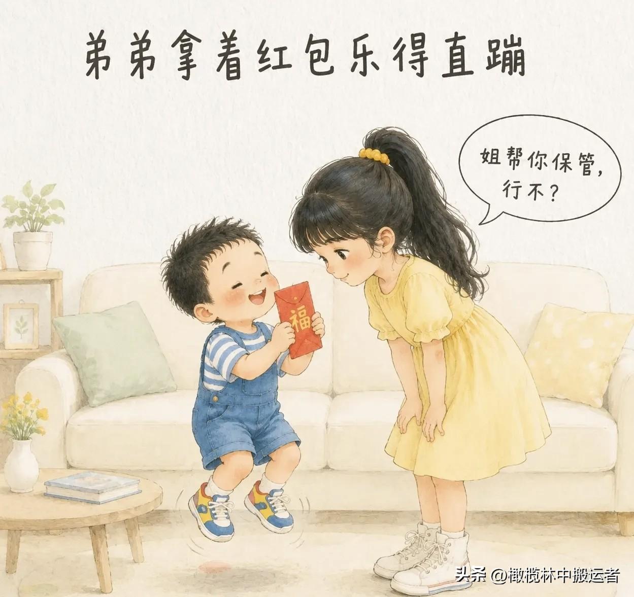 趣味漫画：弟弟拿着红包乐得直蹦。姐姐凑过来：“姐帮你保管，行不？”弟弟摇头：“妈
