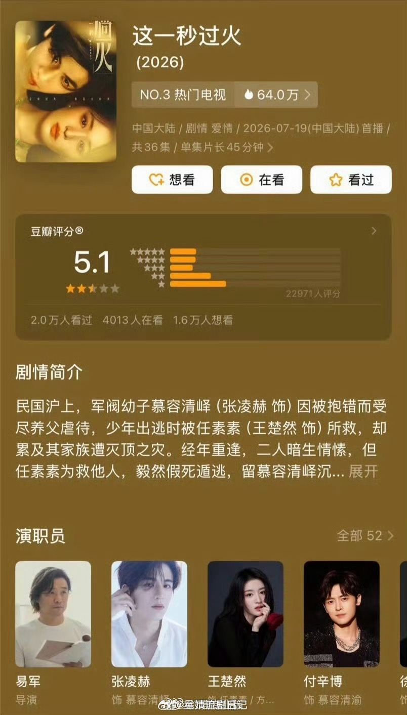 这一秒过火豆瓣开分5.1，被一星、二星差评淹没，这么低吗？ 