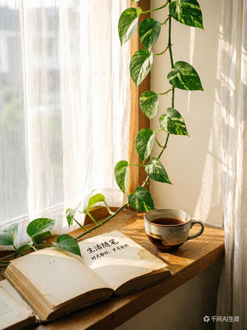 窗台这个小角落，本没刻意收拾。几盆绿萝随意垂着，旧书摊开忘了合，茶杯底还留着早晨