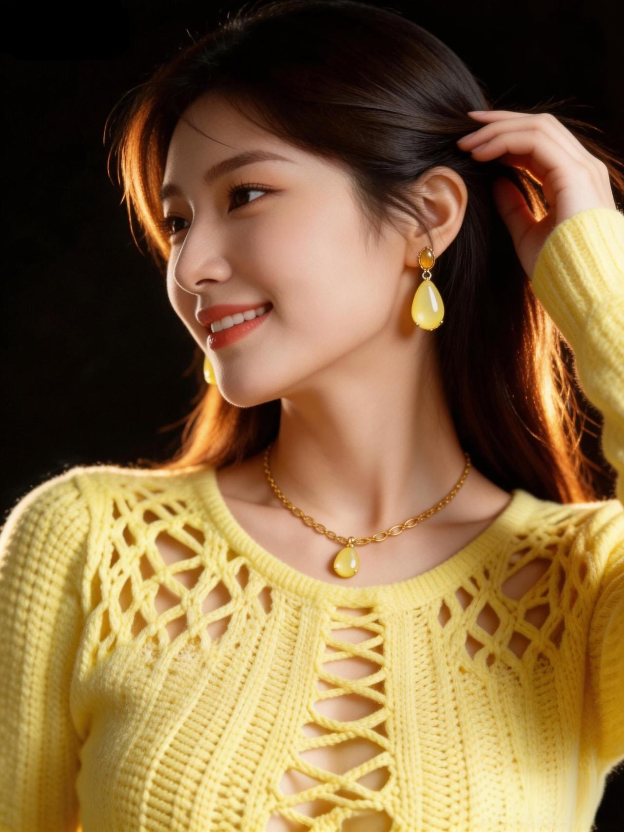 温柔微笑，黄色毛衣搭配金色饰品，散发迷人魅力！🌟✨